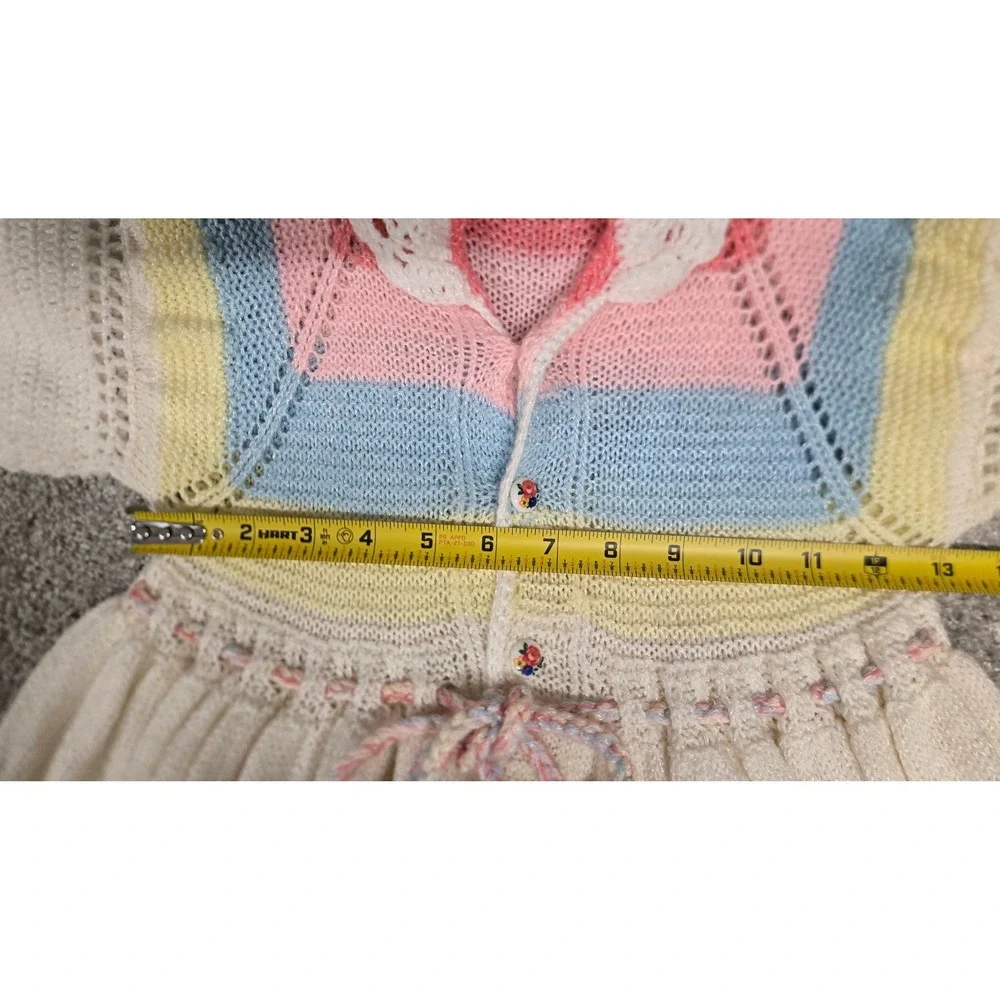 Vintage Handmade Knit Pastel‎ Striped Dress Floral Buttons Crochet Trim Sz 2T-3T